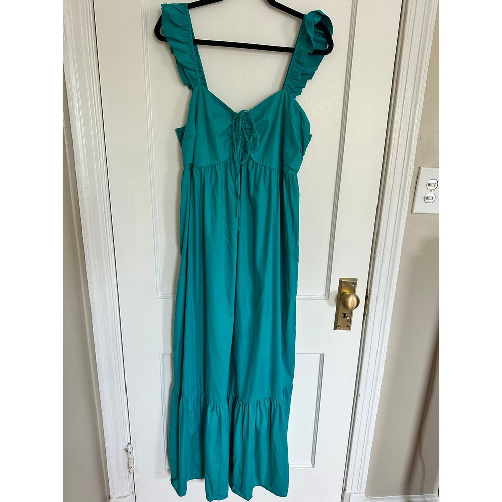 LOFT‎ Maxi Dress Teal Flutter Sleeve Smocked Tiered Size 14 Coastal Cotton Boho
